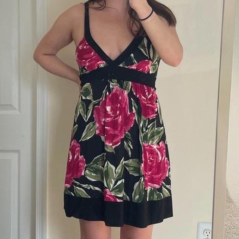 Y2k black and pink floral mini dress - Size M